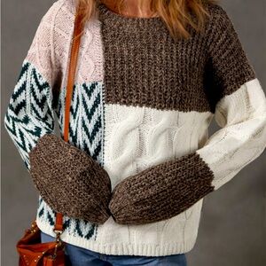 3 Pack Brown Patchwork Color block Knit Loose Fit Knotted Back Sweater